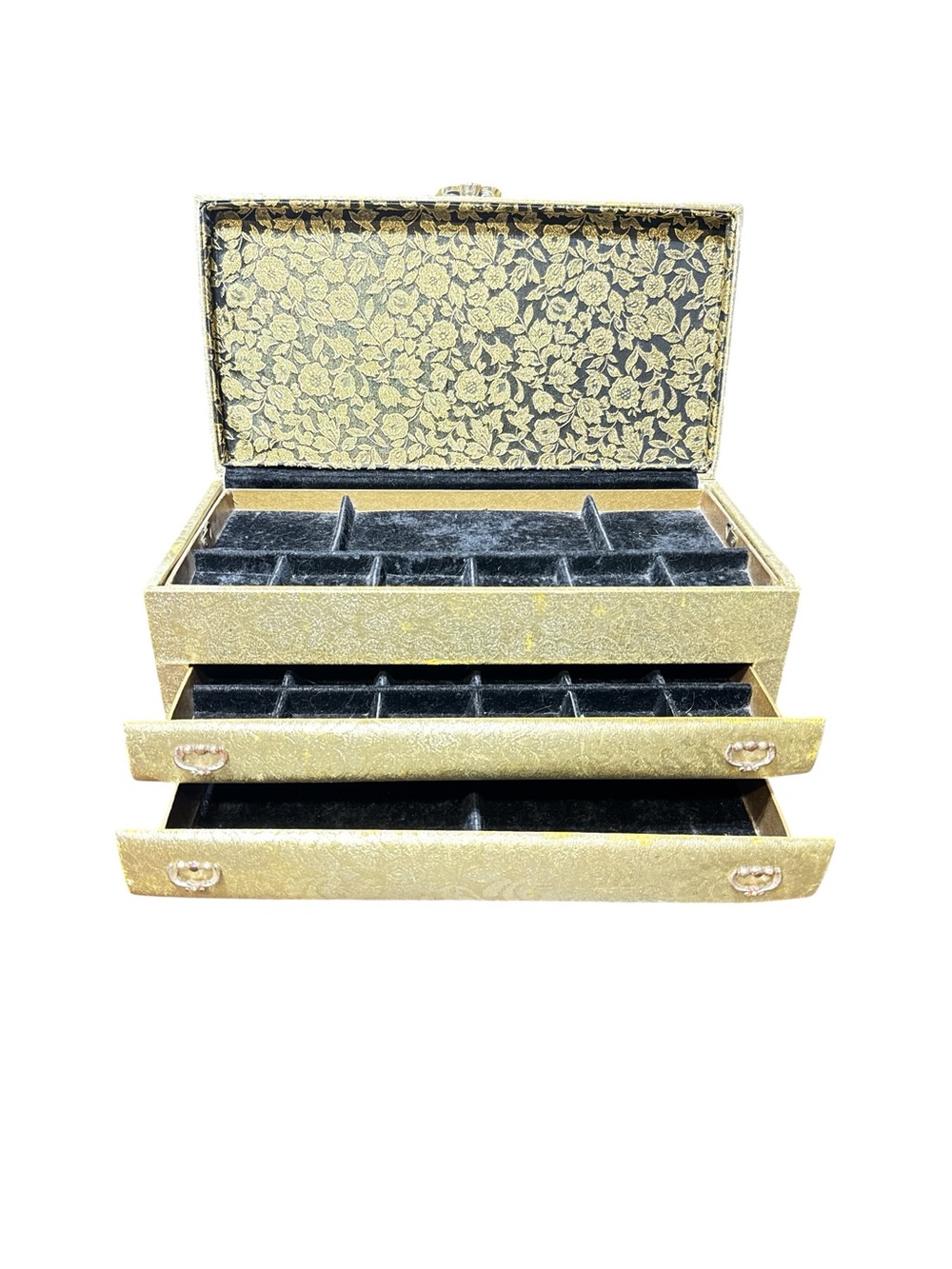 Vintage 1960s Gold Brocade Black Velvet Lined Lady Buxton Four Level Jewelry Box